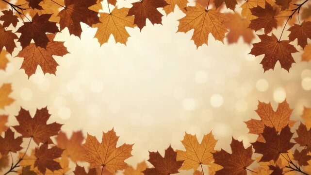 Autumn Background with Golden Maple Leaves Framing Warm Bokeh Lights for Seasonal Thanksgiving and Fall Design
