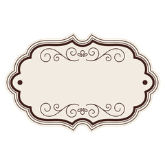 Brown frame, vintage nameplate, decorative brand label.