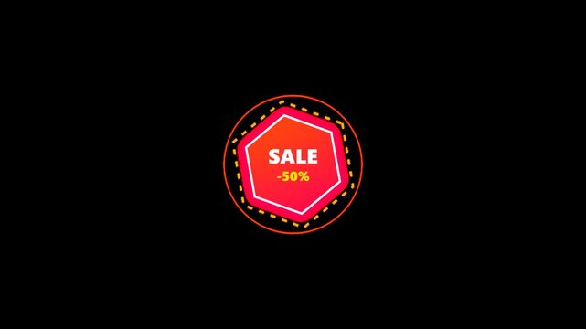 Animated red hexagon sale badge with fifty percent discount text and outline elements against a black background.