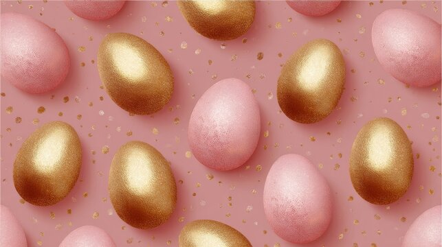Pink easter wallpaper with elegant pink and gold eggs, pastel spring background with festive easter decorations, delicate floral accents and luxurious golden details for holiday greeting cards, invita