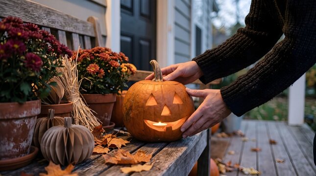 Person placing a glowing jack o lantern pumpkin on a wooden bench for Halloween decoration