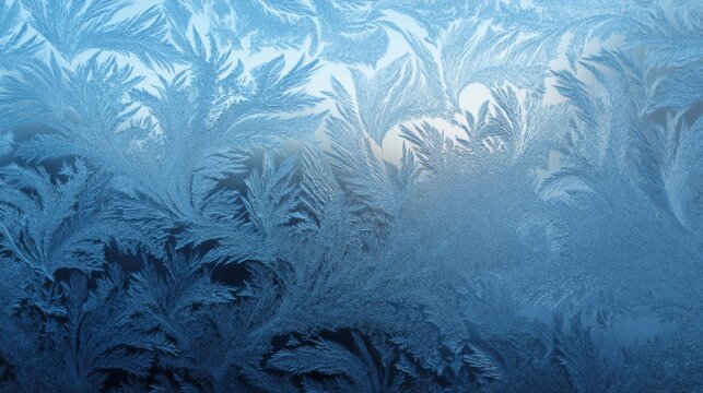 Frozen blue ice texture on winter window, frosted glass pattern with crystalline ice crystals, icy blue winter background, cold weather wallpaper for seasonal designs, christmas projects, and elegant 
