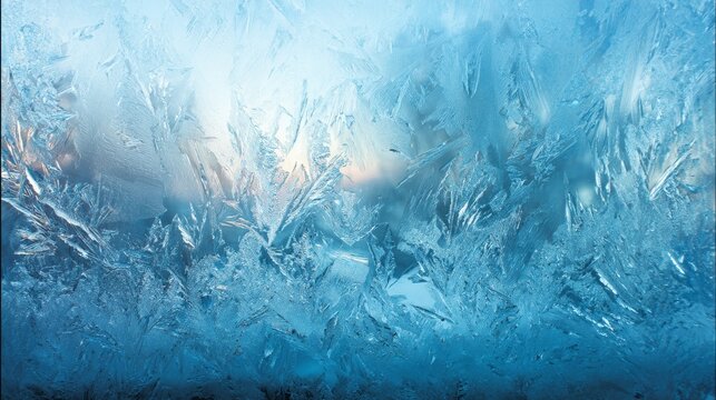 Frozen blue ice texture on winter window, frosted glass pattern with crystalline ice crystals, icy blue winter background, cold weather wallpaper for seasonal designs, christmas projects, and elegant 