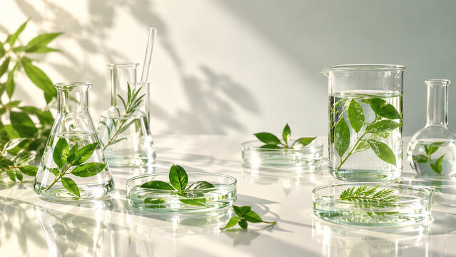 AI generated botanical laboratory still life green leaves clear water inside glass flasks beakers petri dishes highlighting plant science herbal extracts natural skincare