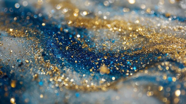 Glittering gold and blue abstract wallpaper with luxurious metallic shimmer, elegant sparkling texture, flowing light effects, and sophisticated premium background for branding, invitations, packaging