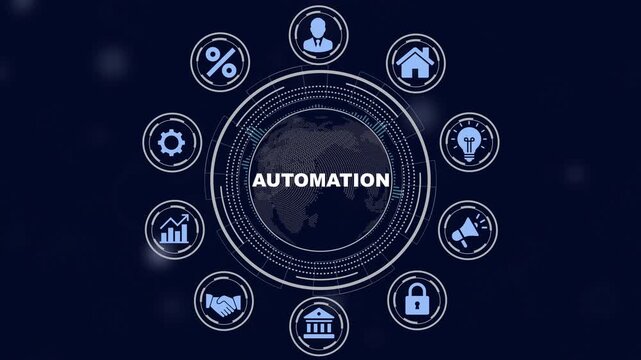 Business automation concept with digital globe and global industry futuristic corporate technology interface for data management and workflow efficiency
