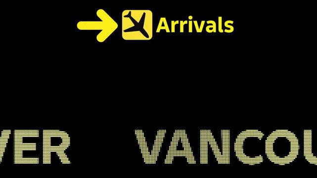 Airport Arrivals Display with Yellow Airplane Icon and Continuously Scrolling Vancouver Text. Professional Travel Board Animation for Documentaries, Apps, Holiday, Flight Intros and Motion Graphics&nbsp; 