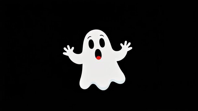 A minimalist vector graphic of a cute, cartoonish white ghost floating against a solid black background, perfect for Halloween designs