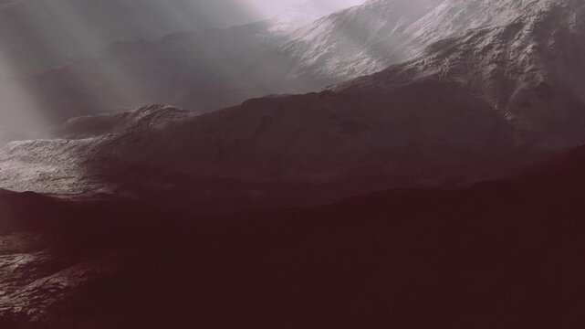 A vast, rugged mountain terrain stretches across the scene, partly hidden by swirling mist. Soft sunlight filters through clouds, creating an ethereal atmosphere. Shadows dance on the rocky surface.