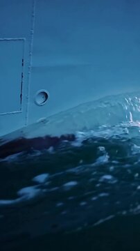 Vertical video: Surfing dark dolphin riding bow wave from hull and sliding near water, with hatch