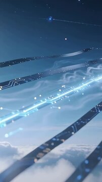 Vertical video: Pulsing metallic ribbons sending data above clouds, energy beam brightening