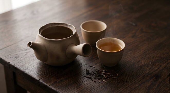 Photograph of a plain unglazed ceramic Japanese side handled teapot resting on a dark timber table beside two small handleless cups, one cup filled with clear amber hojicha tea and one empty.
