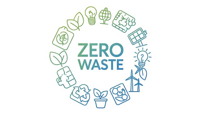 Zero waste text surrounded by green ecology and environmental icons in a circle on a white background