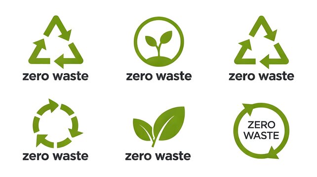 Set of green zero-waste logos and recycling icons with leaves and arrows on a white background
