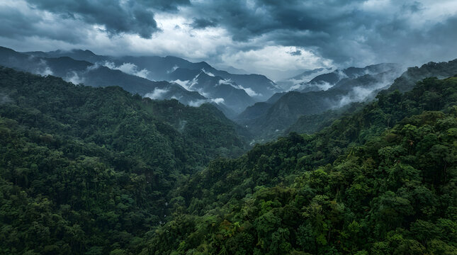 Aerial panoramic view of a deep mountain valley covered in dense tropical rainforest under a dark stormy sky
