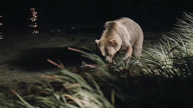 The grizzly bear ( Ursus arctos horribilis ) hunting salmon that heading for their spawning grounds upriver off the coast of Alaska at night. 