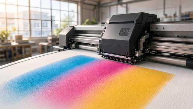 Large Format Inkjet Printer Printing Vibrant Cmyk Colors on Paper in Print Shop