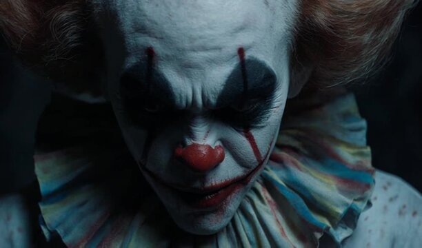 Creepy Clown Face Expressing Fear and Terror in Dramatic Cinematic Lighting with Dark Background