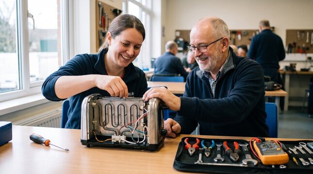 Woman and older man repairing a toaster together, working with tools in a repair cafe workshop, medium shot, collaborative community project, sustainability lifestyle photography