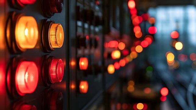 Abstract industrial control panel with glowing red and orange indicator lights.