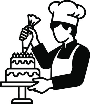 Professional pastry chef decorating a birthday cake with icing piping bag Vector