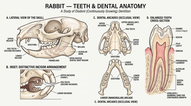 Detailed anatomical illustration of a rabbits skull teeth and dental structure
