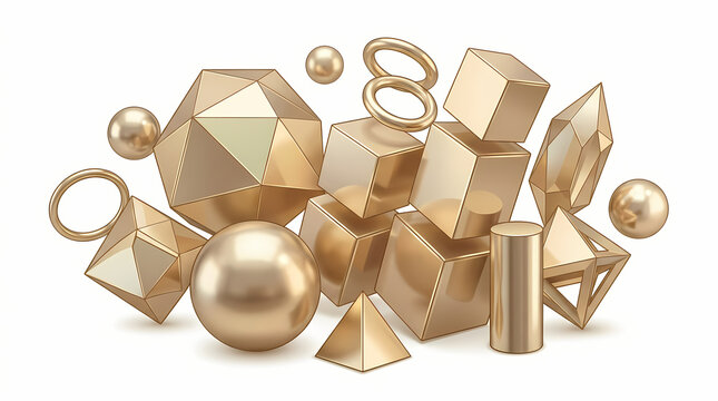 Abstract Golden 3D Geometric Shapes Collection Isolated on White