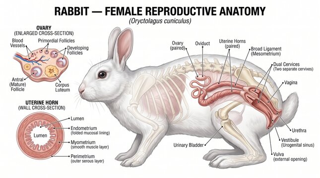 Diagram of female rabbit reproductive anatomy showing internal organs and skeletal structure