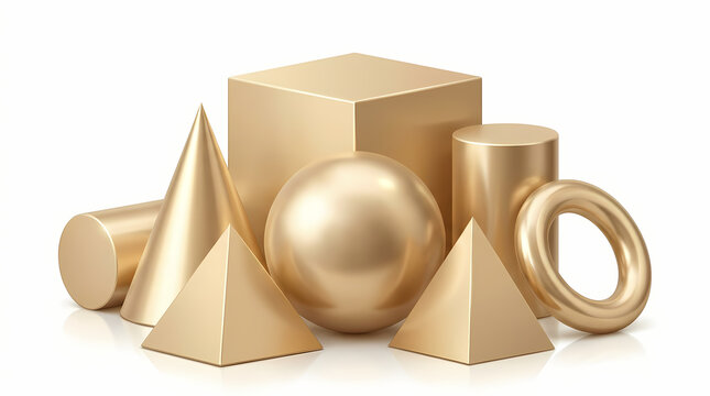 Set of Golden 3D Geometric Primitive Shapes Isolated on White