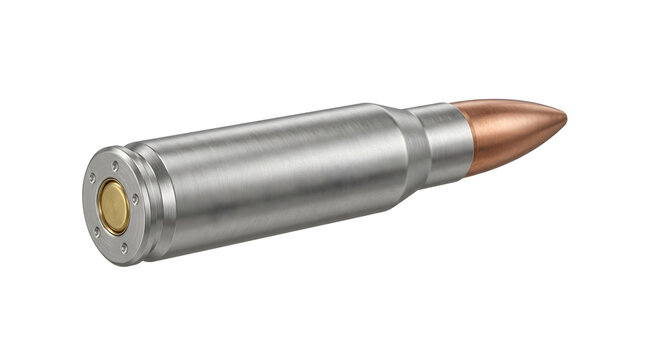 Single rifle bullet with copper tip and metal casing isolated on transparent background.