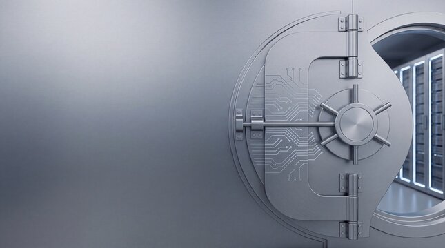 open bank vault door revealing secure storage server room, safety and data protection concept