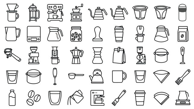 Coffee brewing icons set, linear vector line art coffee maker equipment illustrations, cafe shop equipment outline symbols