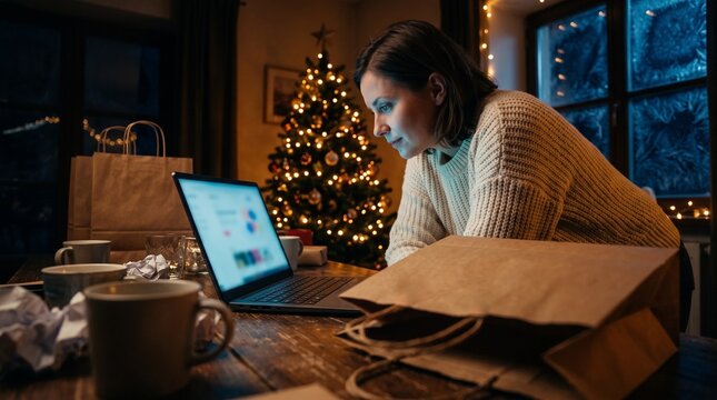 Woman shopping online in a cozy setting during Boxing day with Christmas tree background