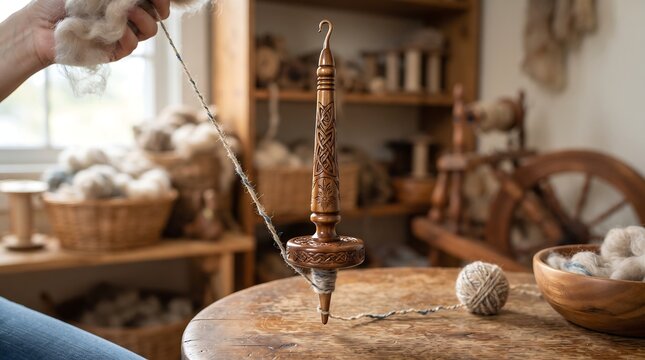 A carved wooden drop spindle is actively spinning raw wool yarn in a cozy rustic workshop setting artisan craft creation