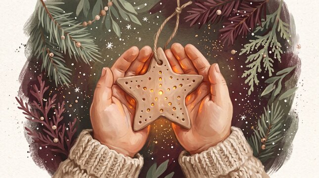 Children making clay ornaments with warm holiday spirit surrounded by festive greenery