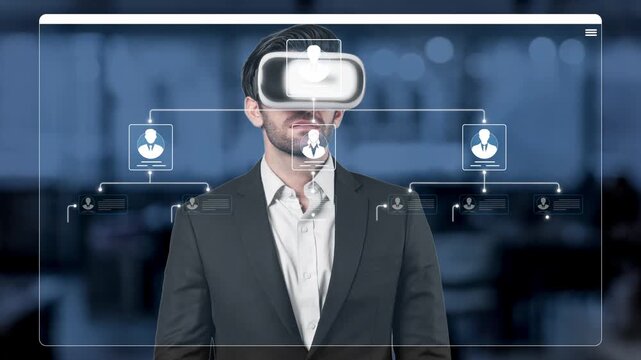 Businessman Using Virtual Reality Technology to Enhance Data Visualization in Corporate Environment with Flow Chart and User Profiles Sigmoid