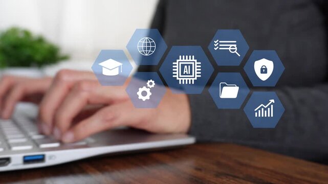 Close-up of a woman working on a computer while pointing at an animation of icons representing study and data analysis for artificial intelligence.