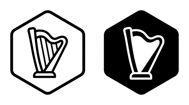 Harp icons set with musical instrument outline and filled shapes for app and web