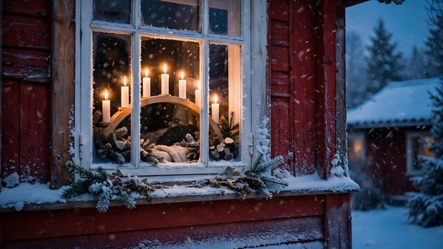 A Swedish-style window featuring an electric candle arch "adventsljusstake" casting a warm glow amidst a snowy twilight; a cozy Scandinavian home exterior set against soft blue winter twilight hues.