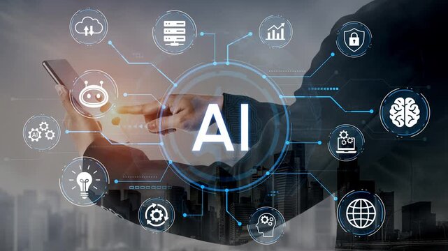 Concept of Artificial Intelligence with Human Interaction, Digital Icons, Data Analysis, and Cityscape Background. Entropy.