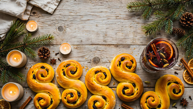 Swedish saffron buns and mulled wine gl&ouml;gg on rustic table with pine branches, warm Nordic Christmas flatly concept.