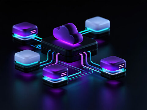 Cloud computing network with neon server nodes and glowing connection lines in dark futuristic technology concept illustration