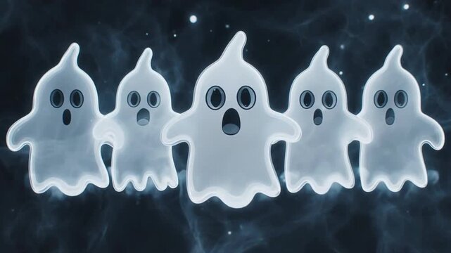 Cute cartoon ghosts floating in dark foggy night sky with faint stars