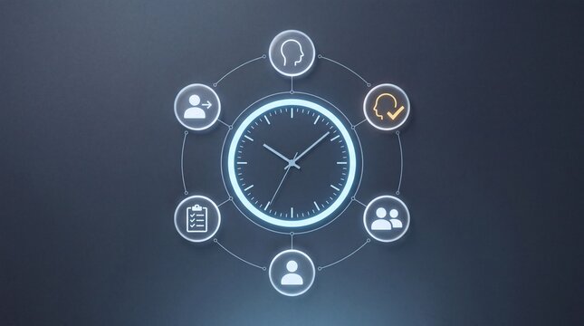 Digital clock interface displaying time management system with user icons and workflow icons, representing productivity and efficiency