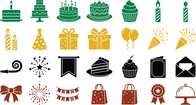 Comprehensive collection of birthday and celebration party event symbols with flat design