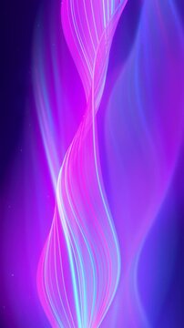 Looping abstract animation of glowing pink and cyan light waves. 3D rendering Seamless loop vertical video.