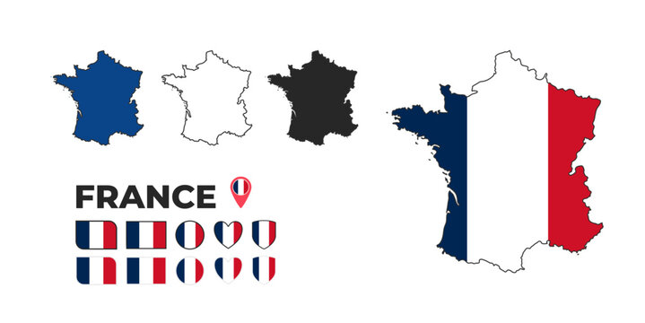 Vector set of France map silhouettes and French flag icons in various badge shapes with map pin. Country map outline and flag collection for geography, travel infographics, and news graphics.