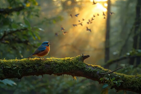 Blue bird singing on mossy branch in forest with golden sunbeams and birds flying in background