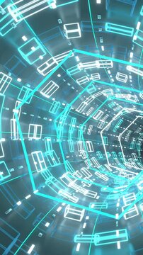Moving through a cyan wireframe tunnel, looping 3D animation. Seamless loop footage. Vertical video.