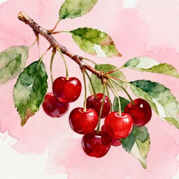 Watercolor Painting of Fresh Cherries on a Branch